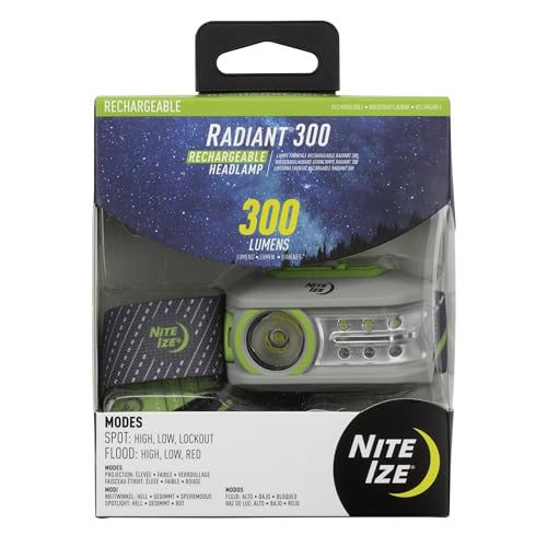Nite Ize Radiant 300 Rechargeable LED Headlamp - Durable Headlamp with Rechargeable 300 Lumen Light - Included USB Recharging Cord - Great for Camping, Hiking & At-Home Projects - Green