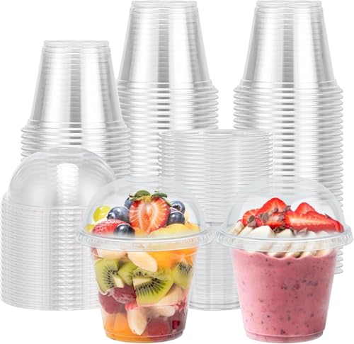 Lamosi 100 Pack 9 oz Clear Plastic Cups with Lids Disposable Cups with Dome Lids No Hole Ideal for Ice Cream Cold Drinks Fruit Dessert Yogurt Parfait