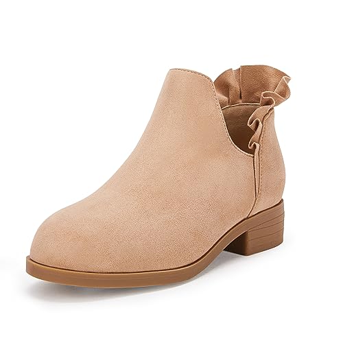 FISACE Girls Ruffled Ankle Boots V Cut Out Chunky Low Heel Dressy Western Booties
