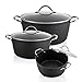 FLORINA Merlot Batería Cocina Inducción, Set Cazuelas 20-24-28 cm Aluminio Forjado, 6 Piezas, 3 Ollas Altas, Tapa de Cristal, Cocina Vitrocerámica, Gas, Negro, 1G0043-44-45