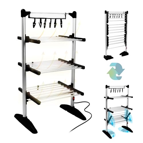 Duronic CA20 BK Electric Clothes Airer 3 Tier Heated Indoor Laundry Drying Rack with Washing Pegs 202W Foldable Sock Hanger Lightweight Garment Dryer Stand for Hats Gloves Small Spaces Home