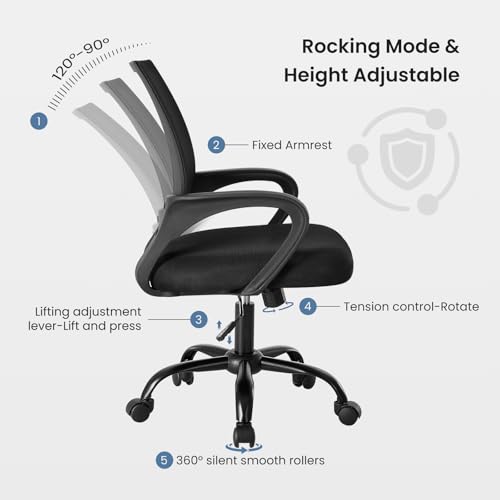 Image of DUMOS Home Office Chair - Ergonomic Mid Back Mesh Desk Chair with Lumbar Support & Rocking Mode, Height Adjustable with Fixed Armrest, for Computer, Gaming, Meeting, 360 Swivel, Black