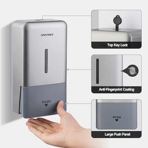 Image of anydry Liquid Hand Soap Dispenser Wall Mounted 27oz Large Capacity Silver | Durable ABS Material, Flexible Installation, Ideal for Commercial Bathroom, Easy Refill Wide Opening