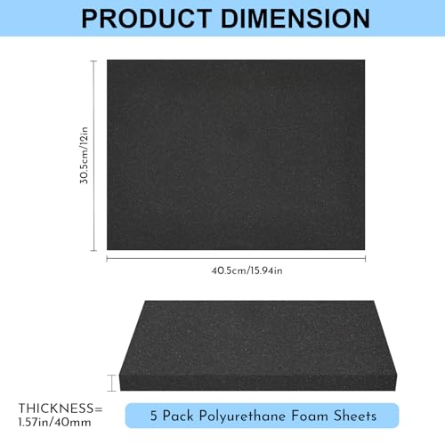 5PCS Polyurethane Foam Sheets, 16 x 12 x 1.5 Inch, Cuttable Foam Pads for Cases, Toolbox Storage, Craft, Camera