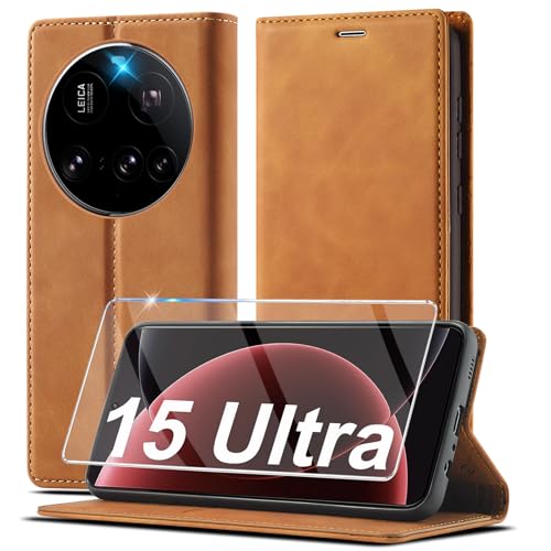 Étui en cuir Xiaomi 15 Ultra avec film écran et porte-cartes marron