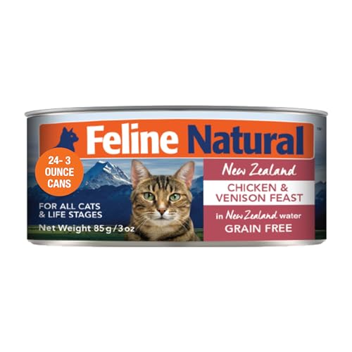 Feline Natural New Zealand Canned Catfood Wet Food High-Meat Low-Carb & Grain Free Cat Food Wet Chicken & Venison Feast 3 oz Pack of 24