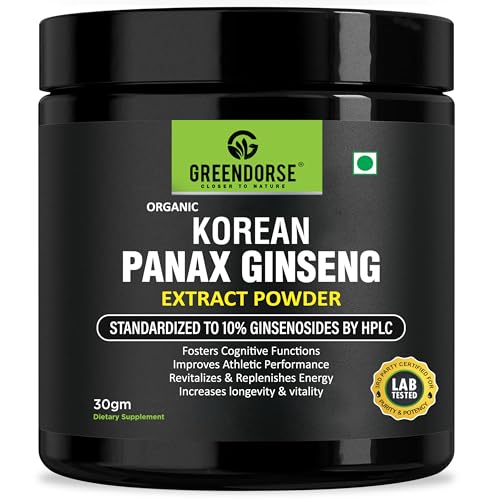 Image of GREENDORSE Organic Korean Panax Ginseng Extract Powder |10% active Ginsenosides by HPLC | Lab tested| Immune & Cognitive support, Boosts Energy, Stamina, Vegan Friendly-30g