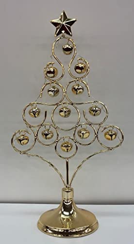 35cm Pre-Lit Table Top Golden Christmas Tree With Warm White LEDs Bells Star Festive Xmas Holiday Home Office Novelty Decorations - Image 2