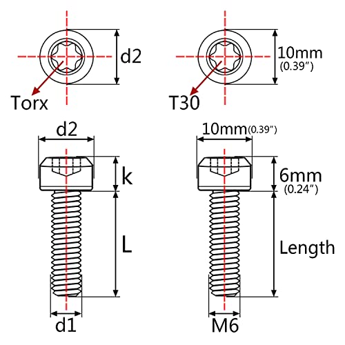 Image of Titanium Torx Square Head M6 x 10 15 20 25 30 35 40 45 50 60 65 70 80mm Screw Pack of 5 (Black, M6x20mm)