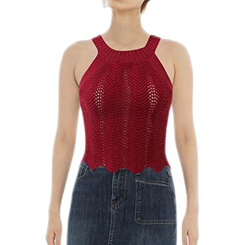 Jhmknit Womens Tank Top Sleeveless Knit Crop Top Asymmetrical Hems Tank Vest Ribbed Knit Sweater Tee Shirts Going Out Tops Red #TOP11