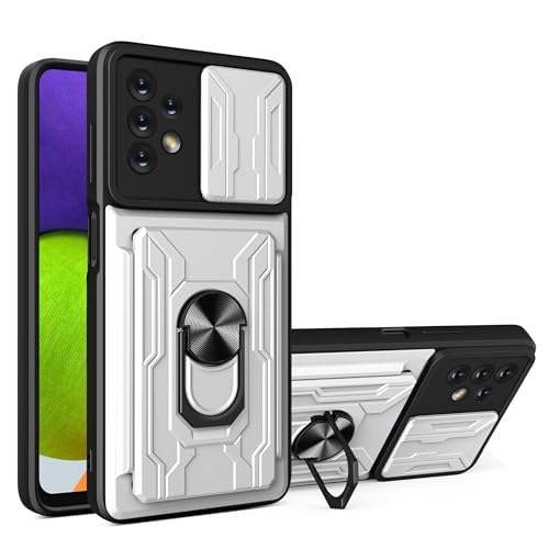 Jiajihua Case Compatible with Samsung Galaxy A32 5G Card Slot Slide Push Camera Protection Car Mount Magnetic Kickstand Shockproof 2 in 1 White