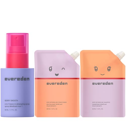 Evereden Kids Mini Hair Trio Set: Travel Size Hair Shampoo Conditioner and Detangling Spray for Kids Ages 3+ Plant Protein Peptides & Argan Oil Vegan Free from Sulfate Paraben & Phthalate
