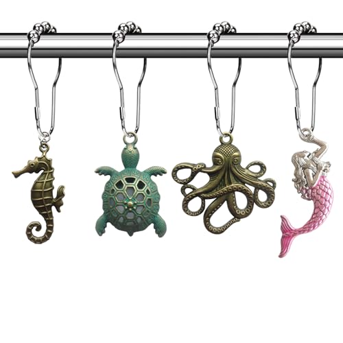 Sea Theme Shower Curtain Hooks, Silver Shower Curtain Rings Decorative Shower Hooks for Shower Curtain Liner, Coastal Beach Shower Curtain Hangers, Tropical Ocean Bathroom Decor by Aimoye - Used condition - US$9.76