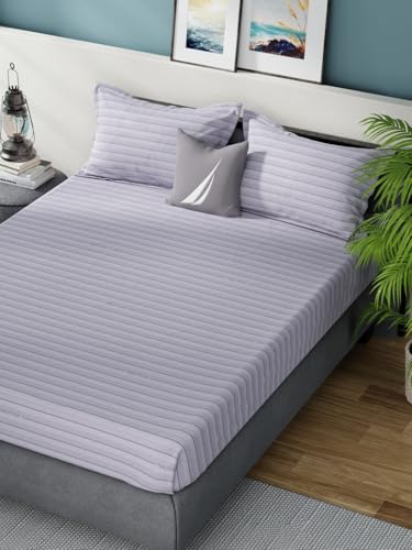 Image of NAUTICA Super Soft 100% Cotton King Bedsheet with 2 Pillow Covers -3pc Set (Bradford) | 160TC | Super Soft Touch Stripe-Grey /Blue