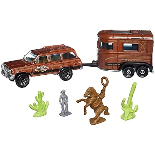 Matchbox Hitch & Haul Die-cast Vehicle Playset - Cowboy Rodeo Round-Up ~ 6 Piece Set ~ SUV Inspired by 1988 Wagoneer ~ Includes Horse Trailer, Cowboy on Horse, Cowboy Standing and Two Cacti