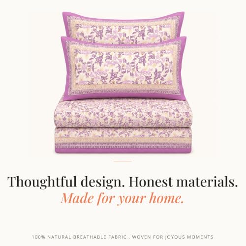 Image of Naksh Queen Size Bed Sheet Purple Floral Print 2 Pillow Covers | Purple Botanical Floral Print | Heritage Design for Queen Size Bedrooms