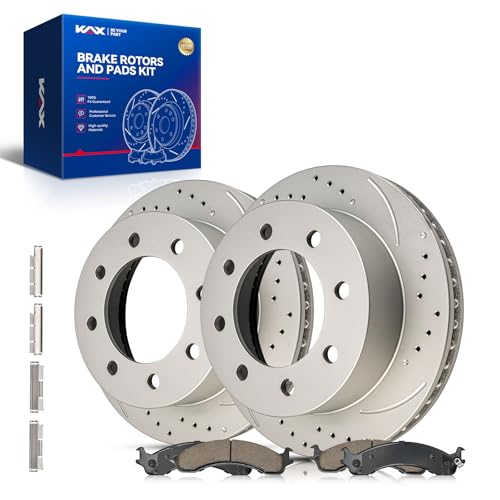 Image of KAX Front Brake Kit Fits Dodge Ram 2500 2000-2002, Ram 3500 2000-2002 | Drilled and Slotted Brake Rotors, Ceramic Brake Pads, Automotive Replacement Brake Kit