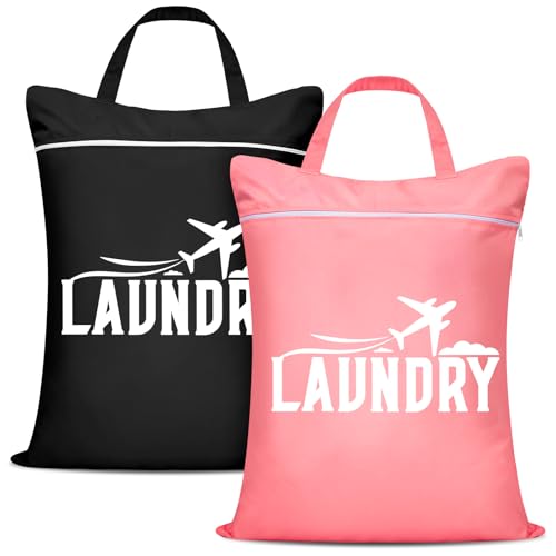 Cenvialuxy Travel Laundry Bag with Handle, 2 Pcs Waterproof Laundry Bags with Zips, Foldable Dirty Laundry Travel Bag, Wet Bags for Swimming, Fitness, Yoga (Black+Pink)
