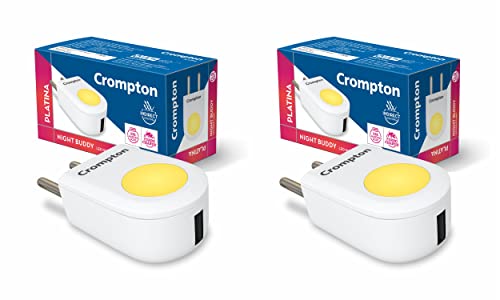 Crompton Night Buddy USB Charger + Lamp|0.5 W|Warm White|Turbo Charge|Indirect Lighting|USB Charging Point|2 Pin Plug|Less Power Consuption|Pack of 2, led