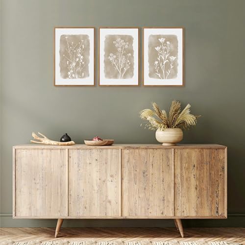 CHDITB Botanical Farmhouse Wall Art Set, Framed Boho Plant Wall Decor, Neutral Minimalist Floral Wall Painting, Rustic Wildflower Canvas Art Prints for Living Room, Bedroom, Bathroom - Large 16"x24"x3 - 4