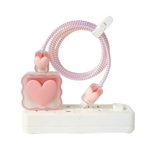 Cute Cable Protector for iPhone Charger Cover ，Lovely Protectors for Type-C Data Cable with Love Heart Pattern Data Line Phone Wire Saver Protector for iPhone 11 12 13 14 (Pink)