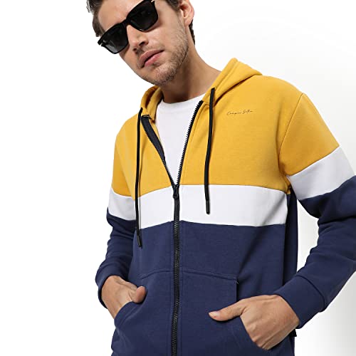 Image of CAHOOT Men's Dark Blue Zip-Front Hoodie with Contrast Drawstring for Casual Wear | Long Sleeve | Hooded Neck | Zipper Closure | Cotton Sweatshirt Crafted with Comfort Fit for Everyday Wear