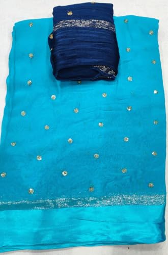 Image of Pure Georgette Sequence Work Saree with Contrast Blouse, Satan Patta Fabric