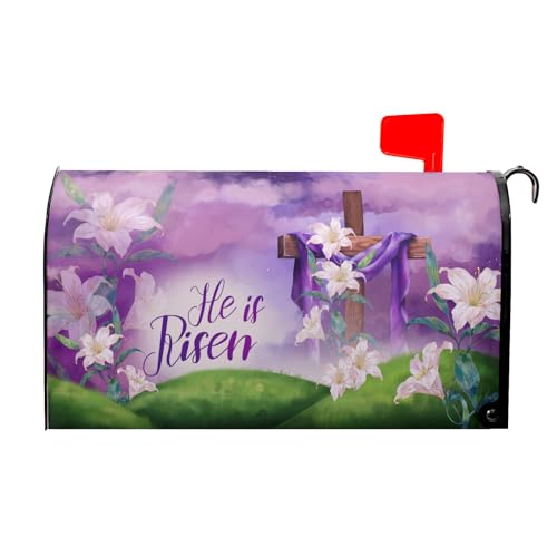 Fundas magnéticas para buzón de Pascua con texto en inglés He is Risen, tamaño estándar, 25.5 x 21 pulgadas, flores moradas de primavera, para buzón, decoración para el hogar, jardín al aire libre