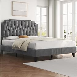 Yaheetech Marco de Cama 140 x 200 cm con Cabecero Tapizado Ajustable en Altura Soporte de Láminas de Madera y Patas Metálicas Gris Oscuro
