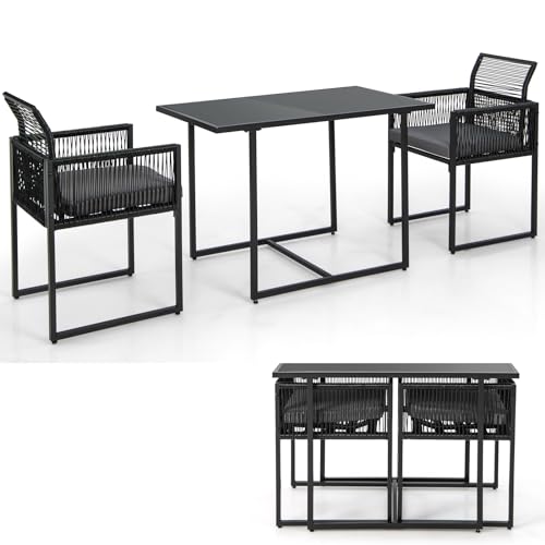 KOMFOTTEU Ensemble de meubles 3 pièces en rotin PE avec chaises pliantes, coussins amovibles, table en verre, pour jardin, patio, terre, QF60544PAES