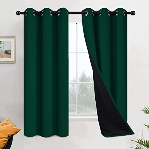 Image of Yakamok Dark Green 100% Blackout Curtains 63 Inches Long 42 inch Wide 2 Panels | Blackout Curtain Panels for Bedroom, 2 Thick Layers Grommet Top Thermal Insulated Drapes with Black Liner for Living Room