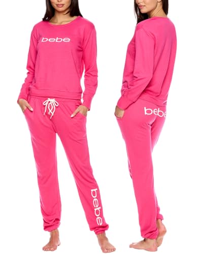 bebe Womens Pajama Sets - French Terry Pajamas Long Sleeve Pullover Top and PJ Pants with Pockets - Sleepwear for Women (Fuchsia, Small)