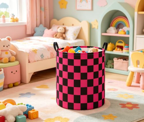 Image of Baby Laundry Hamper Basket Baby Hamper for Nursery Boy and Girl Cute Storage Bin Organizer Boho Room Decor(Pink Black Checkered)