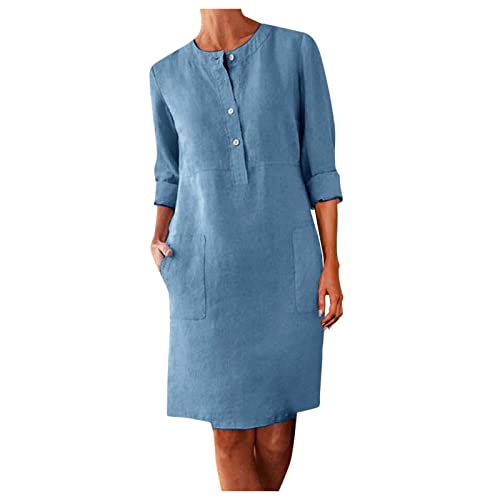 Dresses for Women Plus Size Cotton Casual Loose Dresses Knee-Length 3/4 Sleeve Crewneck Dresses Half Button Down with Pockets Light Blue