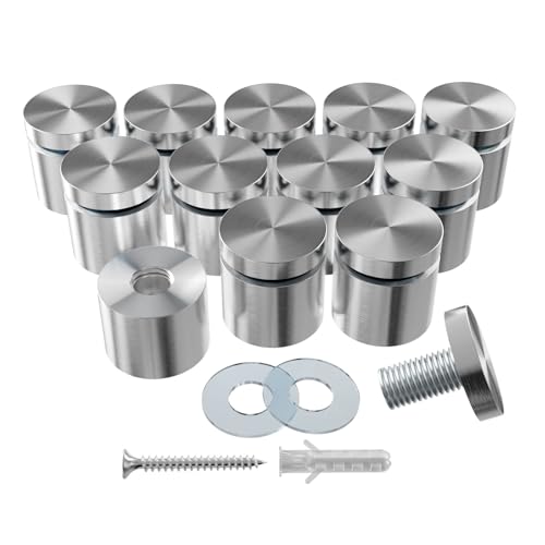 LEDONGUS 12-Pack Stainless Steel Standoff Screws with Wall Anchors & Rubber Pads – Sign Mounting Hardware for Acrylic Signs, Photo Frames, Advertising Boards, Silver (1" x 1" / 25mm x 25mm)