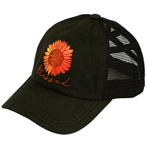 C.c Ponytail Criss Cross Messy Buns Ponycaps Baseball Cap Dad Trucker Mesh Hat (Embroidered Blessed Flower Black) #TOP4