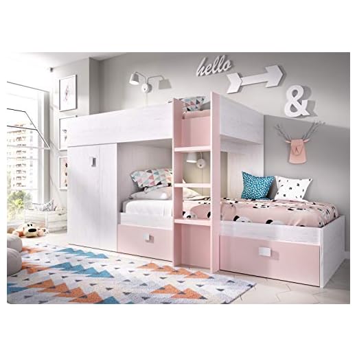HOMEKIT Cama Juvenil Tipo Tren, 2 Camas, Artic+Rosa, Sencillo