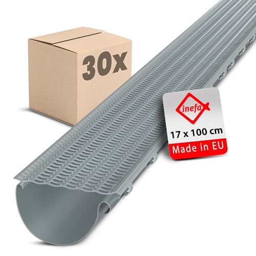 INEFA 30x Laubfangstreifen-Set Dachrinnen Laubschutz 100cm, NW100-150 (Ø100-160mm) Grau Dachrinnenabdeckung Dachrinnenzubehör Made in Germany