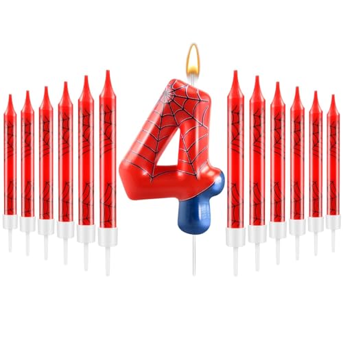 13 Pcs Spider Themed Birthday Candle Set Red Spider Theme Number 4 Candle Cake Topper for Boys Girls Birthday Decoration Spider Party Decoration Supplies (Number 4) by AXBMM - Used condition - US$7.81
