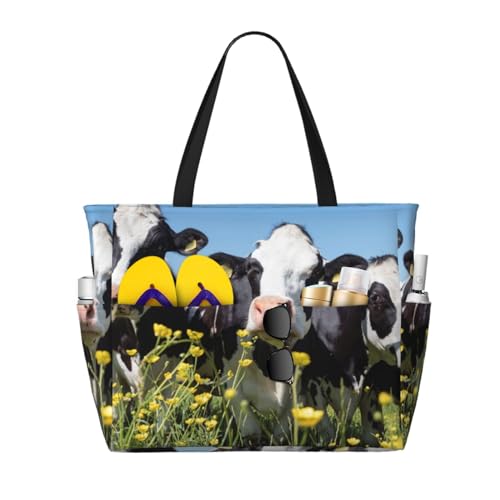 Grand sac de plage imprimé vaches blanches noires pour femme