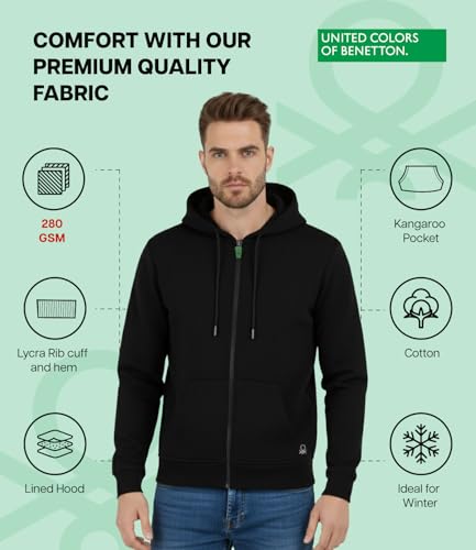 Image of United Colors of Benetton Cotton Hoodies for Men | Pullover | Winter Wear | Zipper Hoodie | Hooded Sweatshirt | Full-Zip with Kangaroo Pockets | Mens Jackets