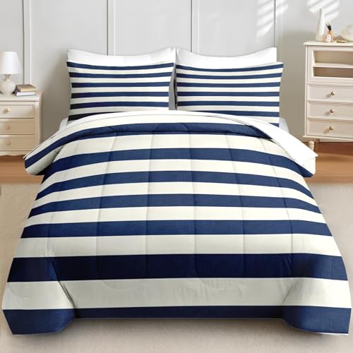 SOSIANTH Comforter Set Full Size, Navy White Striped 7 Pcs