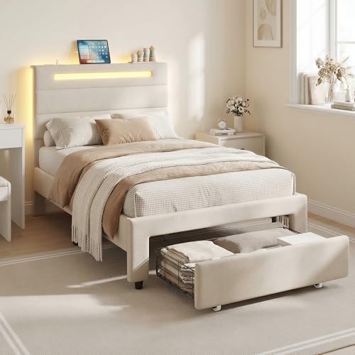 LIKIMIO Twin XL Bed Frames with Storage Drawer LED Lights & Charging Station Upholstered Modern Platform XL Twin Bed Frame with Headboard No Box Spring Needed Easy Assembly Noise-Free White