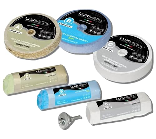 Lux Kit Pulido Metales 3 Discos Pulido 100 mm y 3 Pasta Abrasiva Pulido 250 gr en Algodón Discos Muelas para Pulir Acero Inoxidable Metales Aluminio Set Pulido Cromo Latón Cobre Rueda