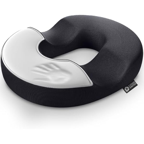 5 STAR UNITED Poduszka Donut z Pianki Memory – na hemoroidy i ból kości ogonowej, ergonomiczna U, antypoślizgowa, zmywalna, czarna S