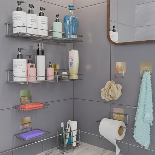 Image of 8 Pcs Bathroom Organiser Without Drill | Self Adhesive Wall Shelf Organizer & Soap Stand for Kitchen Bathroom | Toothbrush & Shampoo Holder Wall Shelf Stand (Silver)
