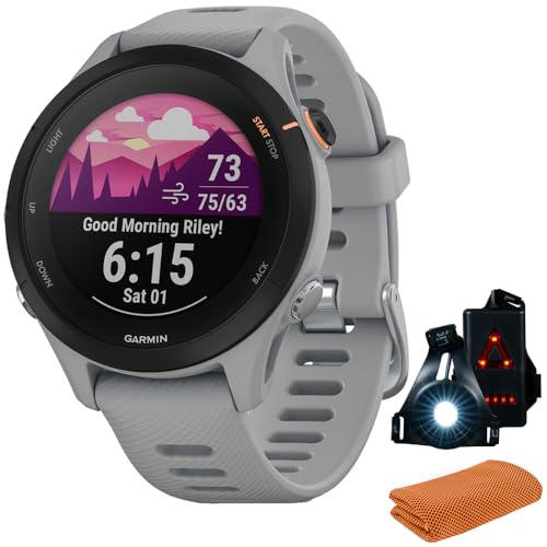 Garmin 010-02641-02 Forerunner 255S GPS Smartwatch, color gris polvo | Modelo oficial de socio de EE. UU. | Paquete con toalla deportiva de refrigeración de entrenamiento y luz de seguridad delantera
