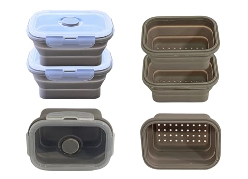 3+3 pack:12 fl oz Silicone Collapsible Containers + Strainers Set | BPA-Free, Space-Saving Kitchen Storage with Plastic Lid Covers