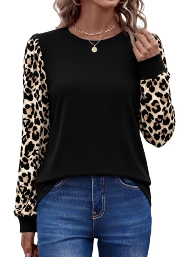 Women Fall Clothes 2026 Long Sleeve Shirts Soft Casual Tops Leopard Print M | Winter clothing, early fall fashion, color block, crewneck, layered look, teacher outfits, school - image 4