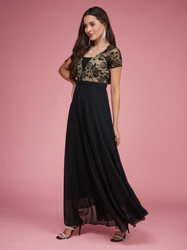 Image of Miss Chase Women's V-Neck Full Sleeve Self Design Lace-Overlaid Georgette Maxi Dress